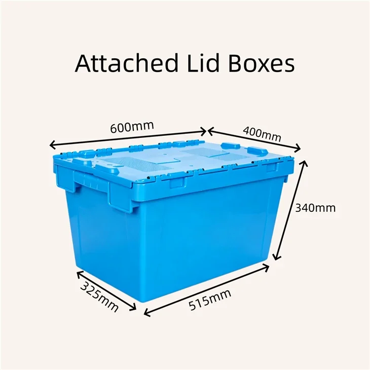blue-attached-lid-container-dimensions Blue attached lid container with 600 × 400 × 340 mm dimensions