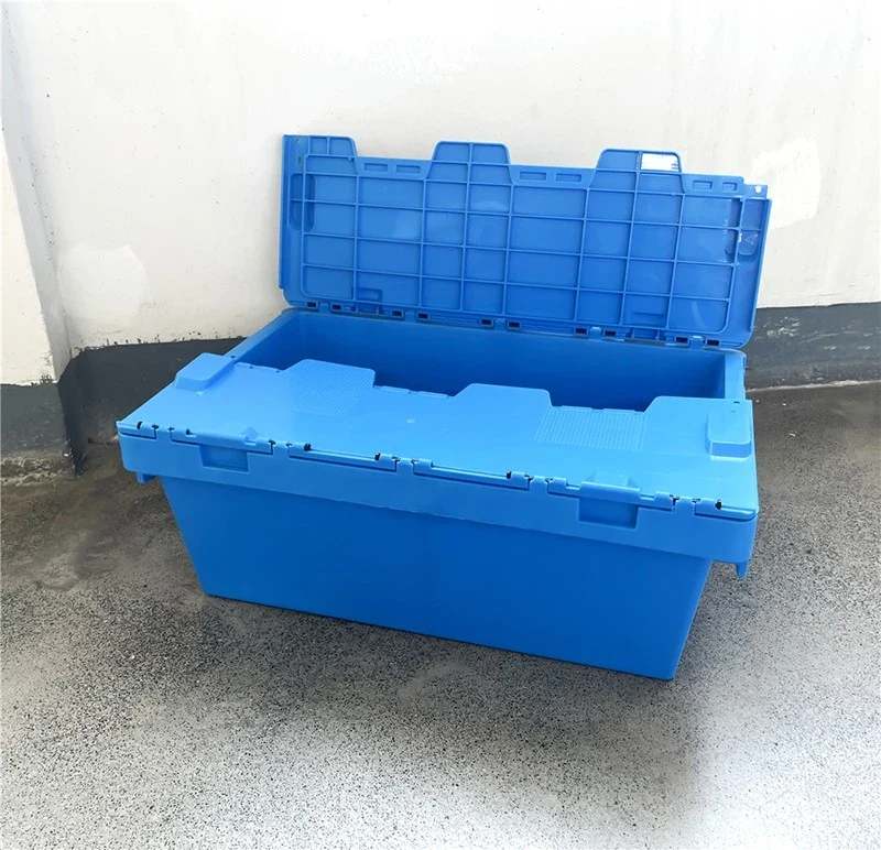 Blue attached lid container with split hinged lids open