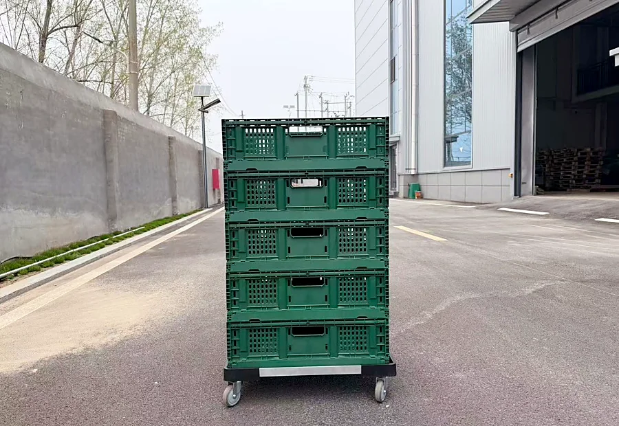 Green collapsible plastic crates stacked on a crate dolly