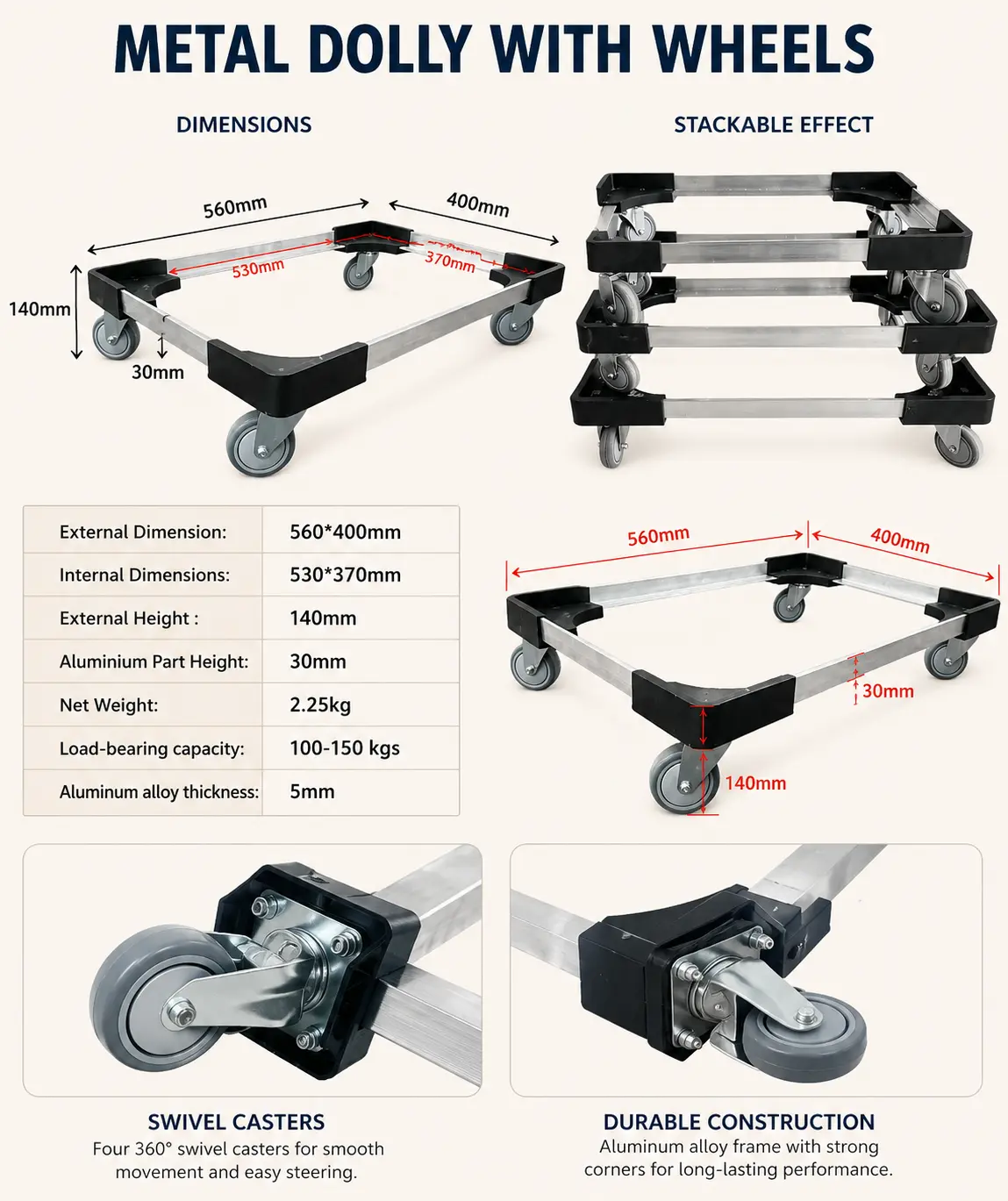 Metal crate dolly with wheels showing dimensions, stackable design and caster details