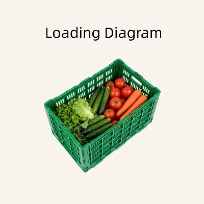 keyun-green-collapsible-plastic-crate-with-vegetables Green collapsible plastic crate filled with carrots, tomatoes and leafy vegetables