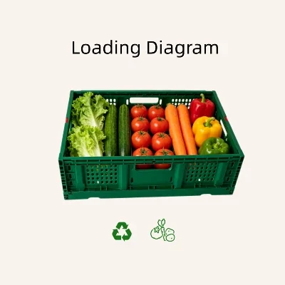 Green collapsible plastic crate loaded with assorted fresh vegetables