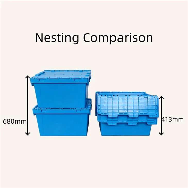 attached-lid-container-nesting-comparison Nesting comparison of blue attached lid containers in stacked and nested positions