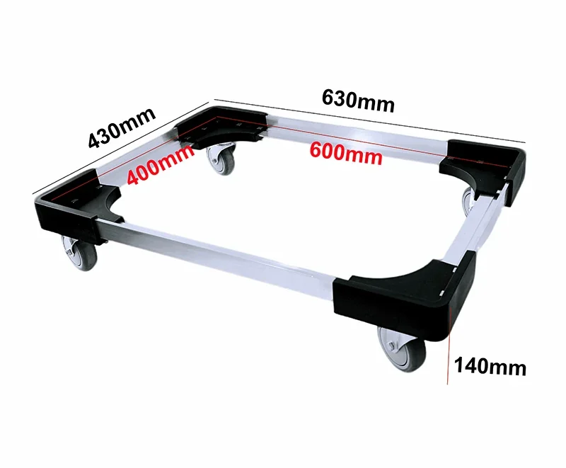 Aluminum crate dolly with 600 by 400 millimeter locating area and dimensions