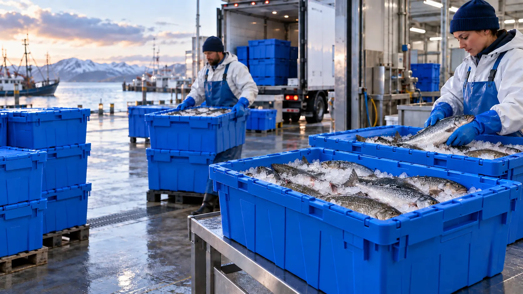Reusable plastic crates used for seafood handling and cold-chain transport