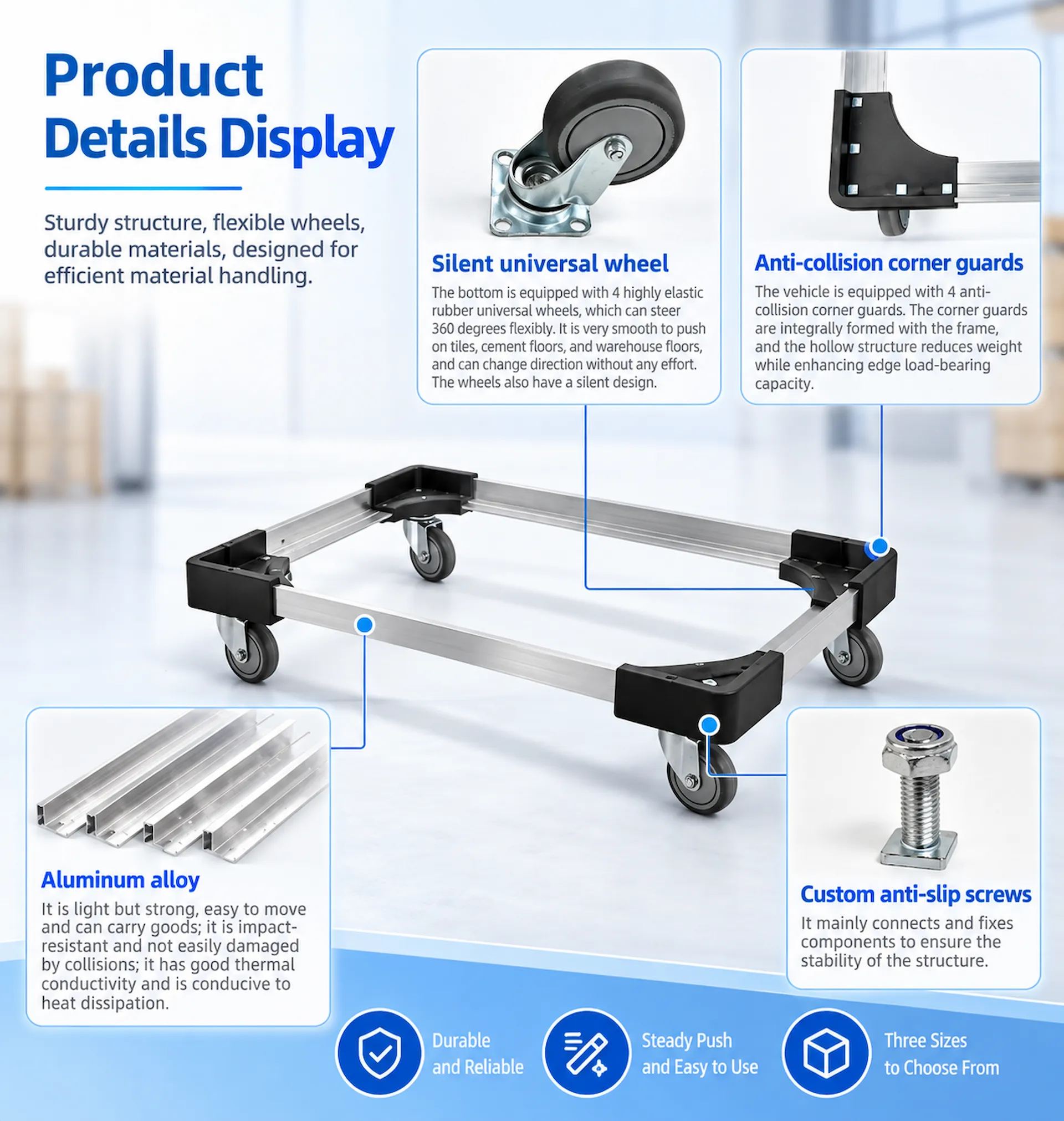 Aluminum Crate Dolly Product Construction Details Aluminum crate dolly showing swivel casters, molded corner guards, aluminum rails and fastening hardware