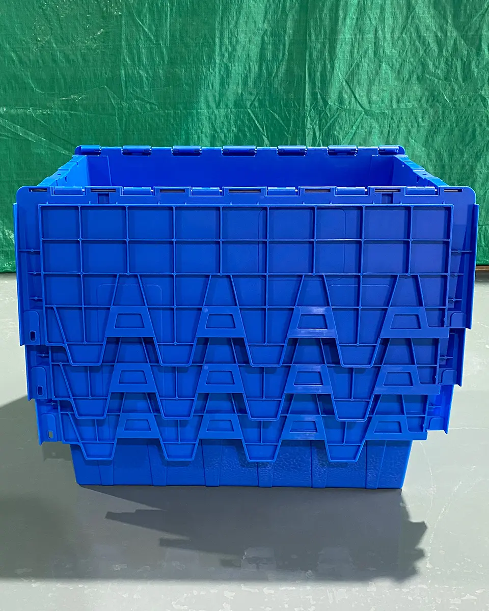 Reusable attached lid container for warehouse handling and distribution