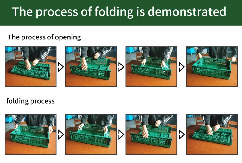 collapsible-plastic-crate-folding-process Step-by-step folding process of a reusable collapsible plastic crate