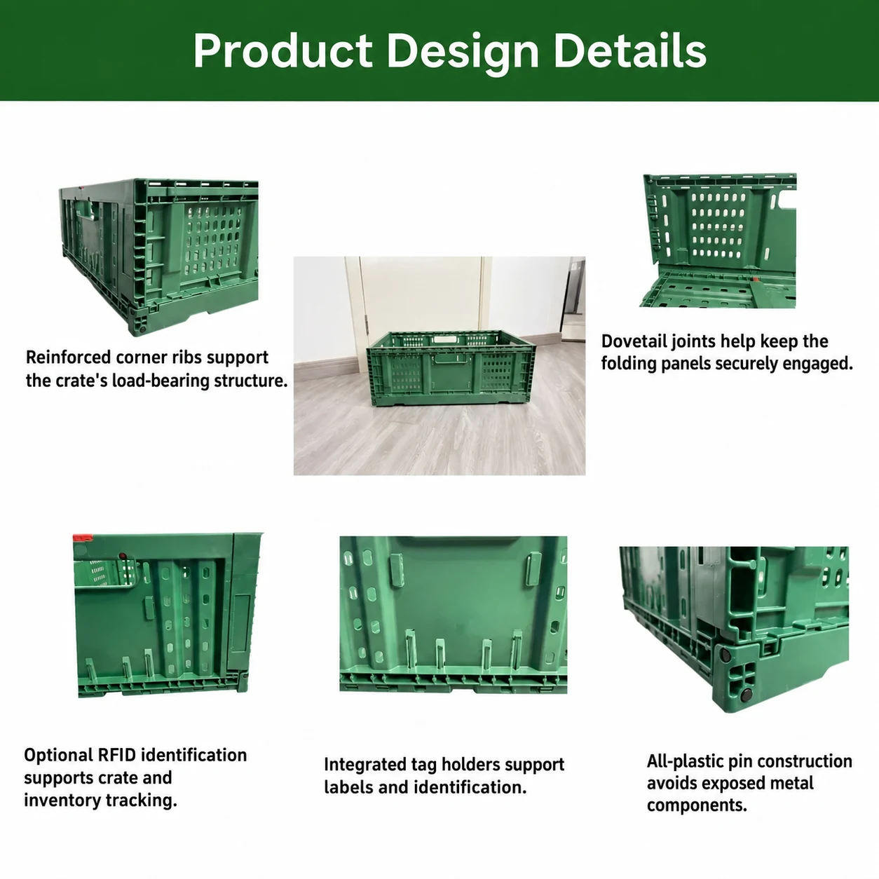 collapsible-plastic-crate-product-details-corrected Design details of a collapsible plastic crate including reinforced ribs, dovetail joints, tag holders and plastic pins