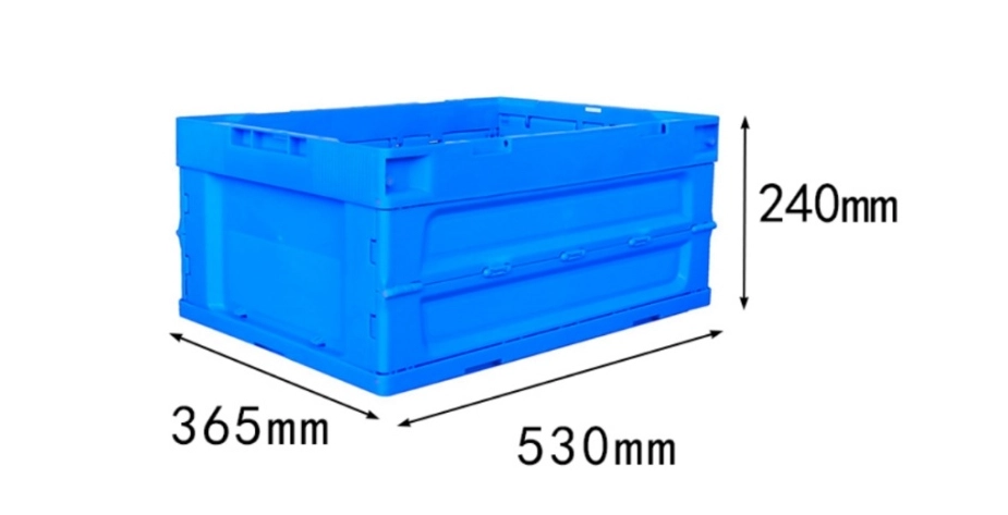Blue collapsible plastic storage crate measuring 530 x 365 x 240 mm