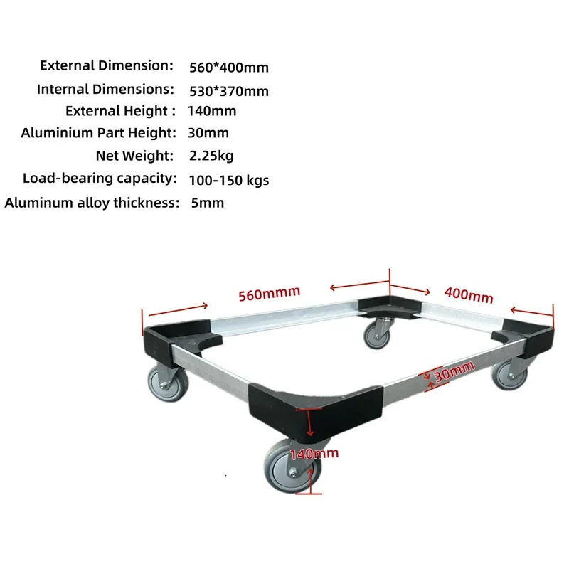 Compact aluminum crate dolly with dimensions and 100 to 150 kilogram load rating