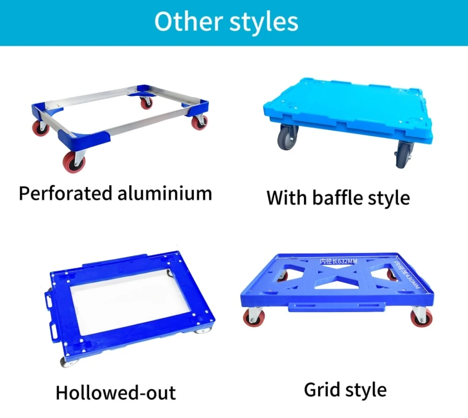 Crate dolly styles including open aluminum frames and platform dollies