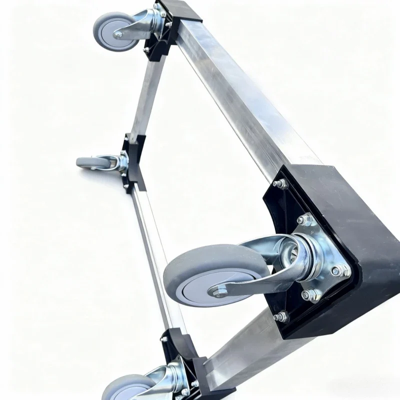 Close-up of swivel caster assembly on an aluminum crate dolly