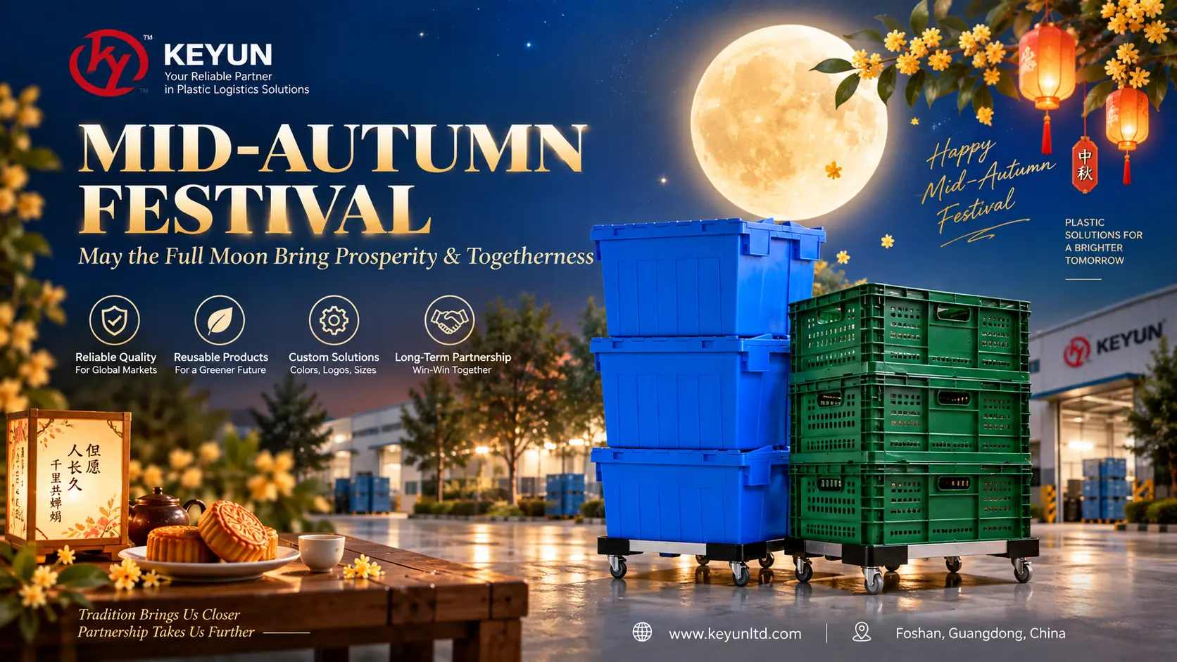 KEYUN 2026 Mid-Autumn Festival greeting with reusable plastic containers and crates